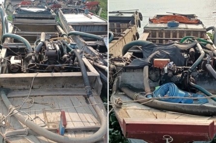 6 ghe có thiết bị bơm hút cát bị bỏ lại tại Vàm Cổ Lịch